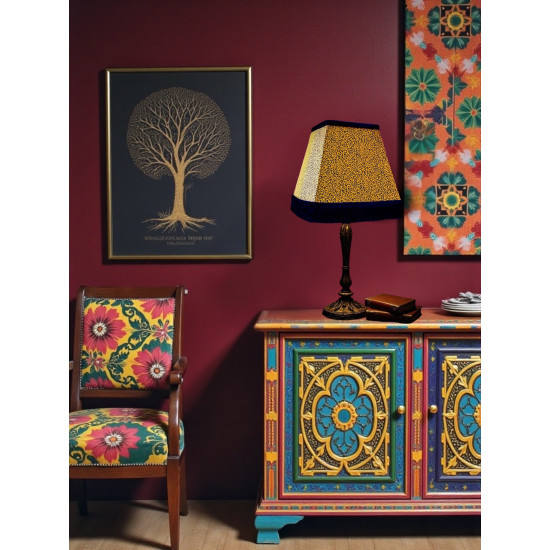 Gold Animal Print and Black Fringe Trapezium Fabric Lampshades