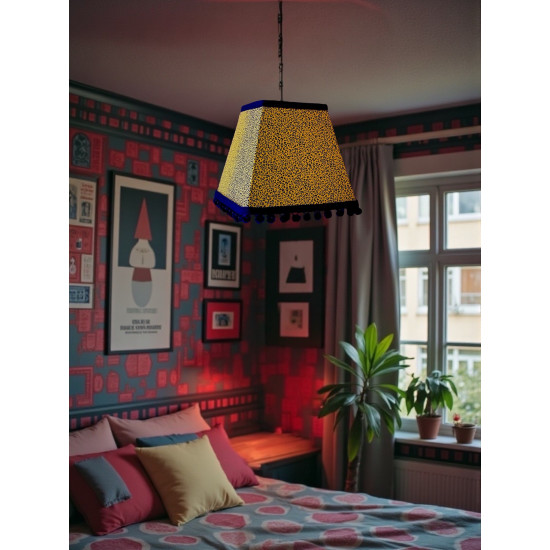 Gold Animal Print and Black Pom Pom Trapezium Fabric Lampshades