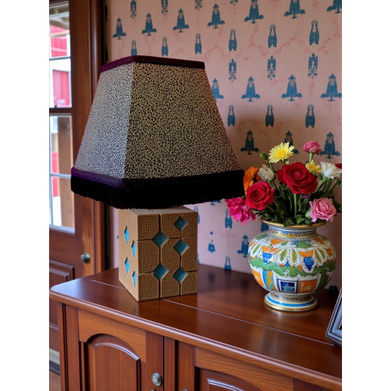 Khaki Green Animal Print and Black Fringe Trapezium Fabric Lampshades