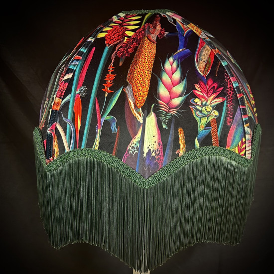 Vibrant Velvet Black and Green Botanical Fabric Parachute Dome Lampshade
