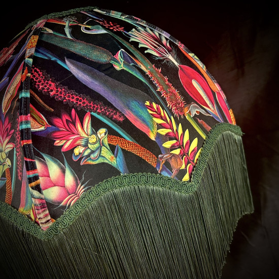 Vibrant Velvet Black and Green Botanical Fabric Parachute Dome Lampshade