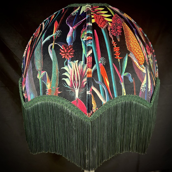 Vibrant Velvet Black and Green Botanical Fabric Parachute Dome Lampshade