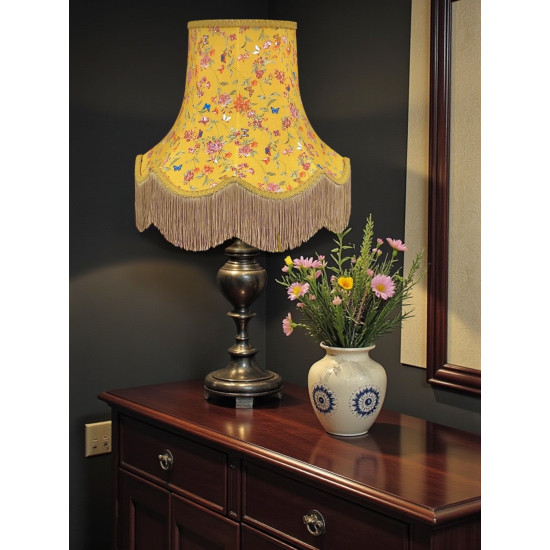 Ochre Butterfly Floral Gold Fabric Scalloped Bottom Lampshade