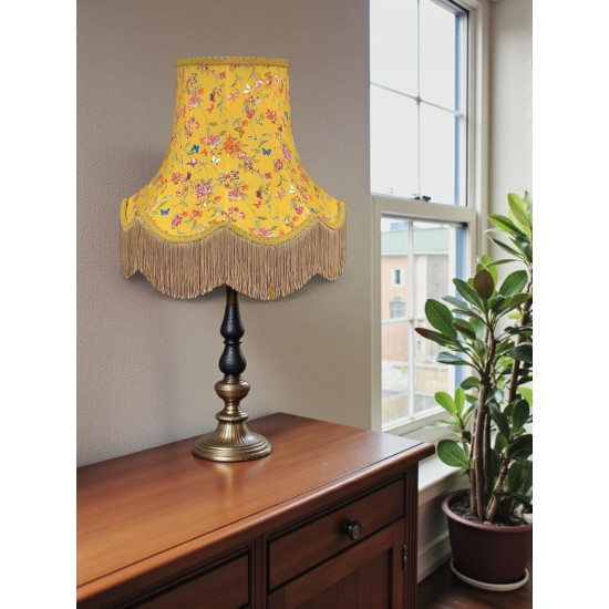 Ochre Butterfly Floral Gold Fabric Scalloped Bottom Lampshade